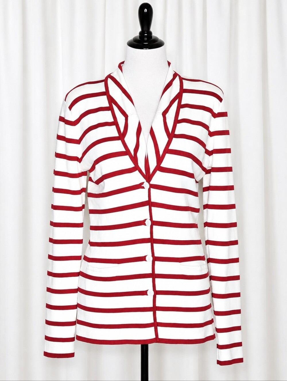 Doncaster Vintage Red Striped Rolled Lapel Button Front Cardigan Knit Sweater
